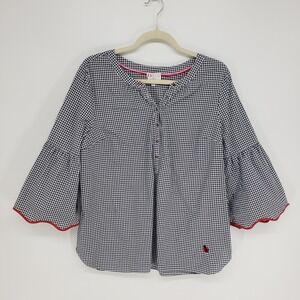 Talbots Gingham Check Blouse Women Sz L Black White Scallop Bell Sleeve Oprah